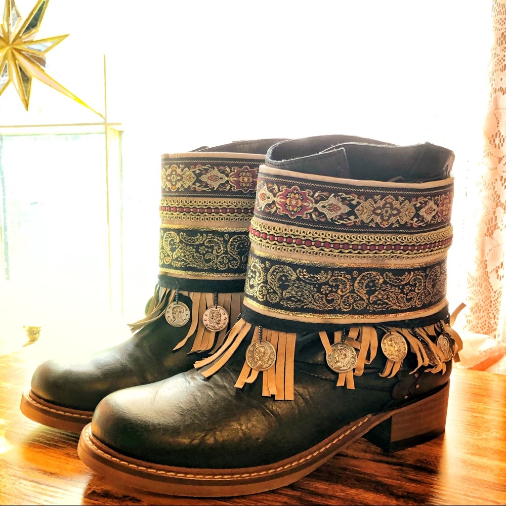New black leather boots & boho coin boot covers